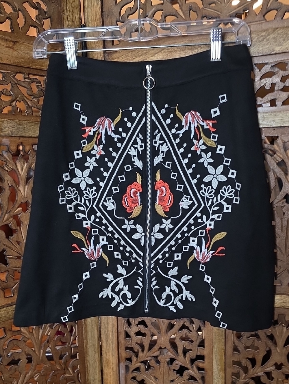 THML Black Mini Skirt with Embroidered Floral Front Zip